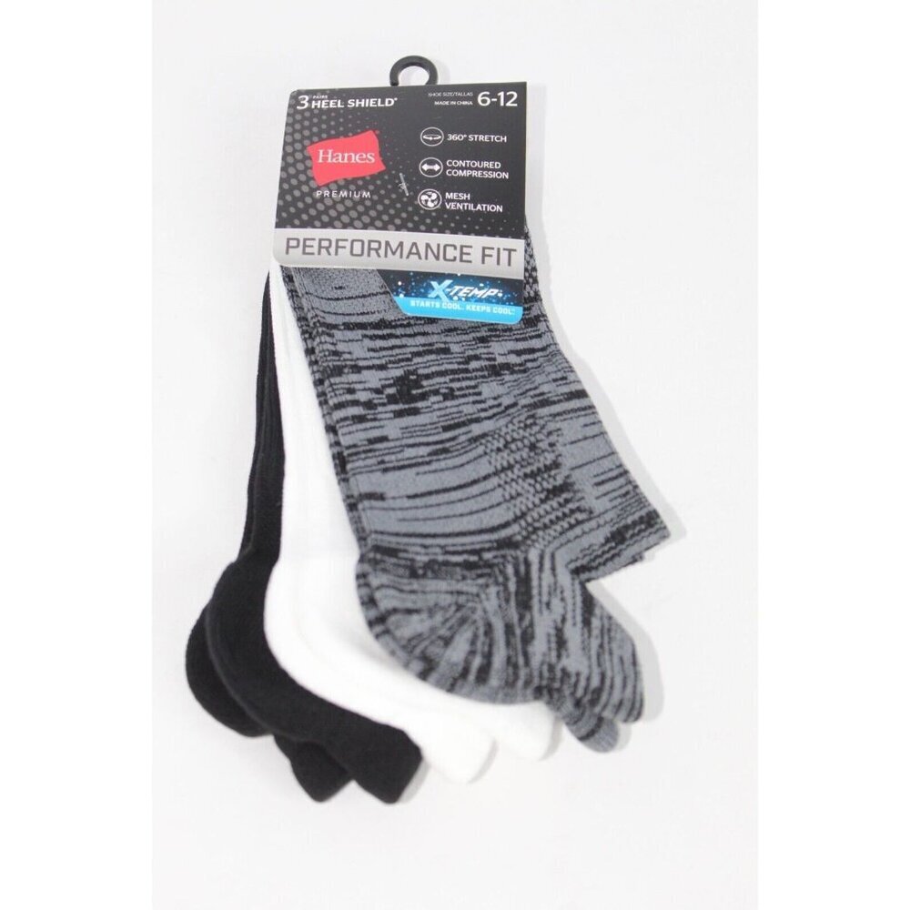 Hanes Premium Men's Socks Heel Shield Performance Fit X-Temp 3-Pr Size 6-12 Gray